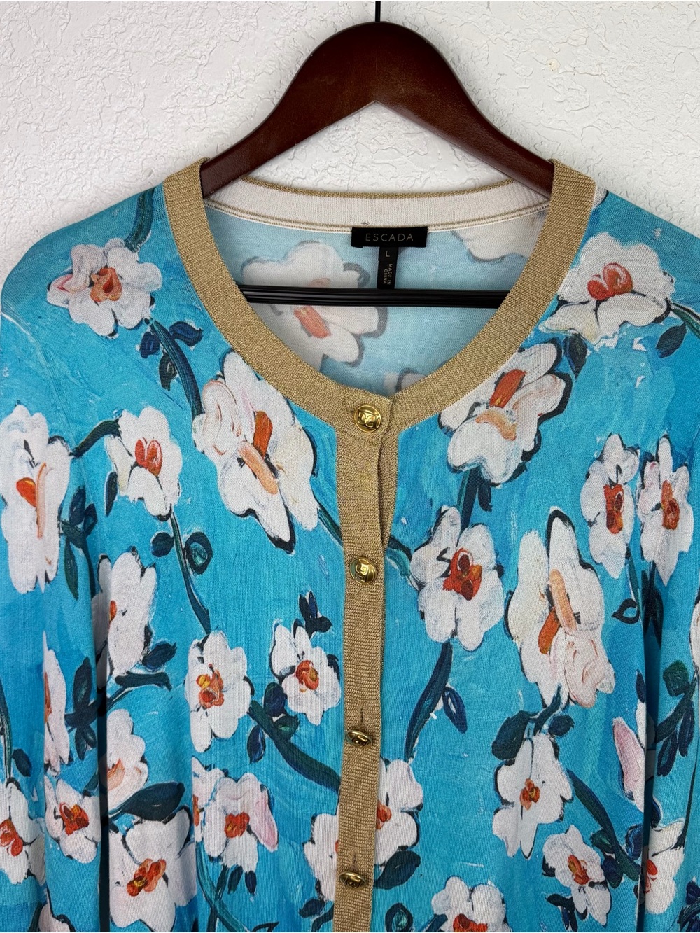 Escada | Blue White Floral Gold Button Lightweight Cardigan Sweater - Picture 2 of 10
